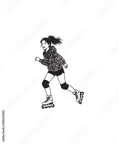 Young Woman Rollerblading with Ponytail and Knee Pads.