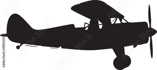 Black silhouette of a vintage single engine propeller airplane isolated on a clean white background for aviation design projects and graphic concept art