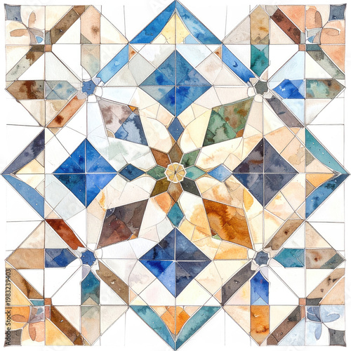 Complex mosaic pattern featuring geometric shapes and a star-like central design, watercolor effect