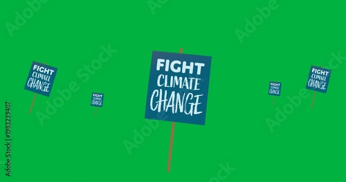 Digital animation of fight climate change text on multiple protest banners against black background