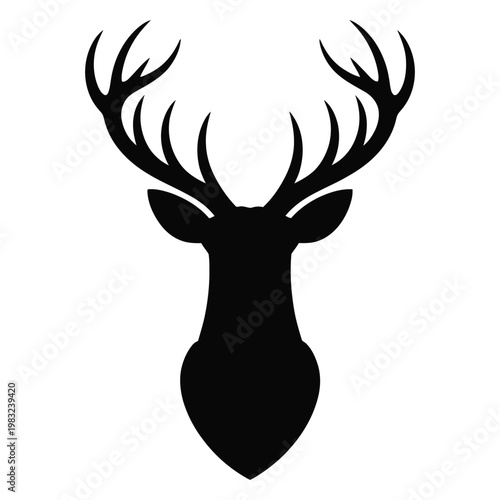 A striking black silhouette of a deer head with large antlers against a light background silhouette