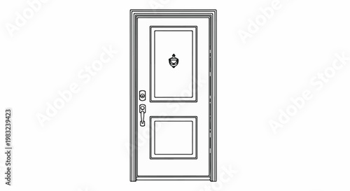 Black and white outline of a closed, paneled door with hardware