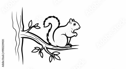 Black and white outline of a squirrel sitting on a tree branch