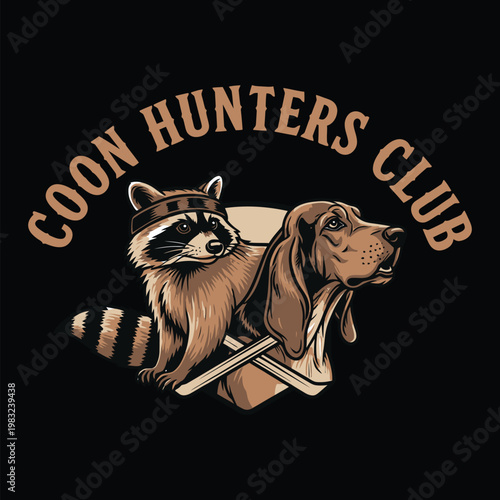 Coon Hunters Club logo featuring a raccoon and dog with crossed rifles tshirt design