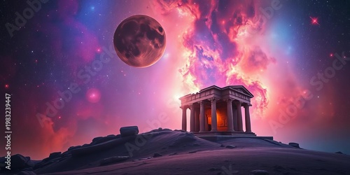 A celestial tapestry of vibrant nebulae and twinkling stars envelops an ethereal, ancient monument in a cosmic dreamscape,  light,  alien