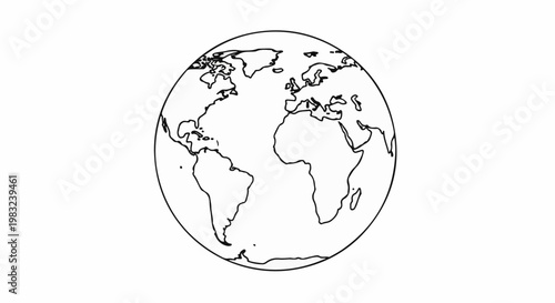 Black and white outline of planet Earth with continents visible from space