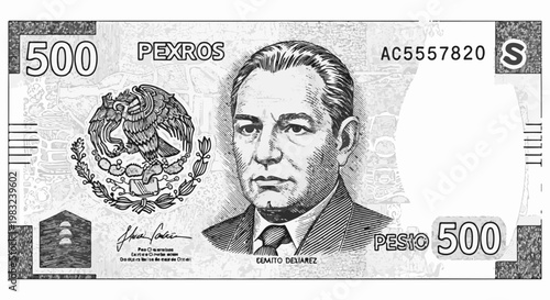 Black and white sketch of a 500 denomination currency bill with a portrait