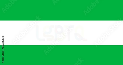 Digital animation of rainbow lgbtq text banner over a white stripe against black background