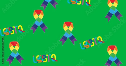 Multiple rainbow ribbon icons and lgbtq text banners falling against black background