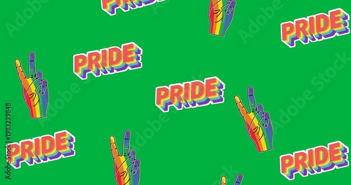 Multiple rainbow hand peace symbols and pride text banners falling against black background