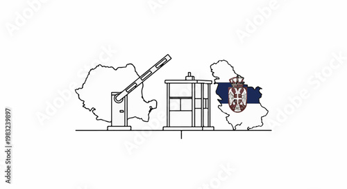 Border crossing with barrier, booth, and flags of Romania and Serbia