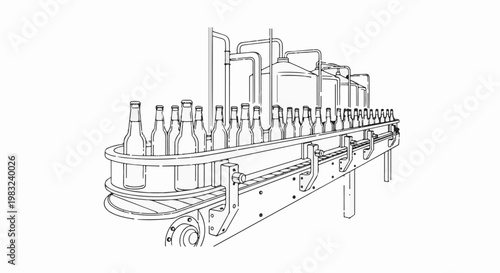 Bottling plant conveyor belt with rows of glass bottles moving