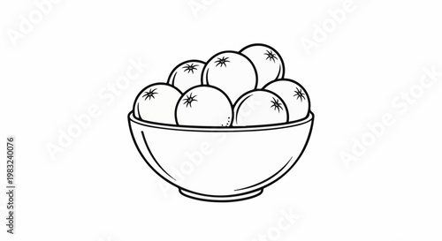 Bowl overflowing with round, stylized fruits, drawn in simple black outline