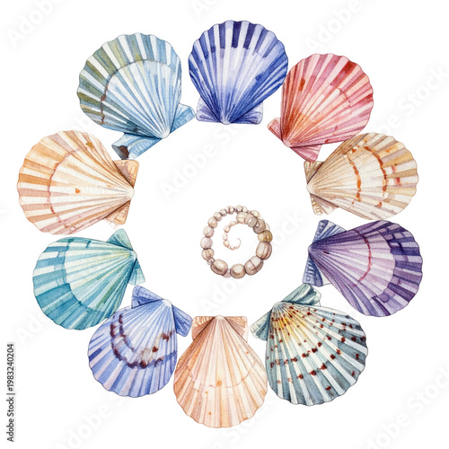 Watercolor illustration of seashells arranged in a circle, with a spiral center on a black backdrop