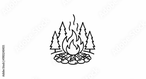 Black and white line art of a campfire in a forest clearing