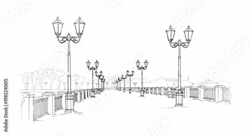An artistic sketch of a walkway lined with ornate lampposts and railings