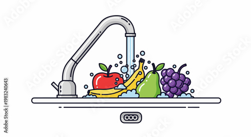 Assorted fruits being rinsed under a faucet in a sink