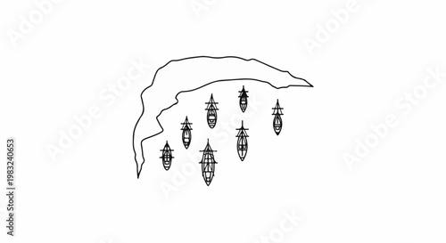 Black and white illustration of a fleet of sailing ships near an island or landmass