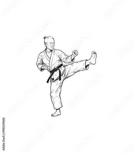 Karate practitioner performing a dynamic side kick in a traditional gi.