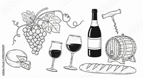 An assortment of wine, cheese, grapes, bread, and a barrel