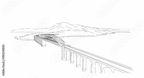 An expansive bridge with arches and a truss structure spans across a body of water, with mountains in the background