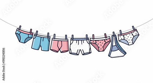 Assorted undergarments hanging on a clothesline to dry