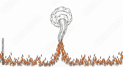 An explosion of fire and smoke billows upward against a white background