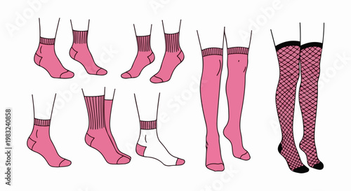 An illustration depicting various styles of pink hosiery, including ankle socks, knee-highs, and fishnets