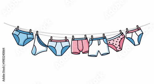 Assorted underwear styles hang on a clothesline, drying in the breeze