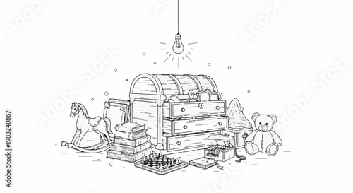 An illuminated collection of old toys, books, and a chess set