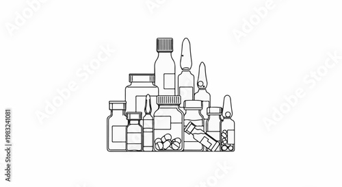 Assortment of medical vials and bottles, some containing pills