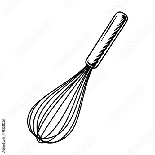 A simple black and white illustration of a kitchen whisk presented as a silhouette