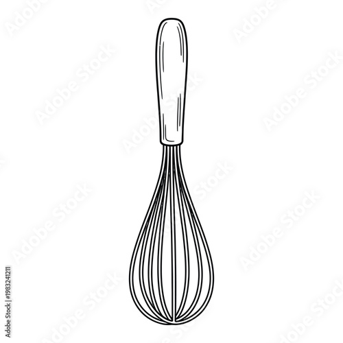 A simple black and white illustration of a kitchen whisk presented as a silhouette