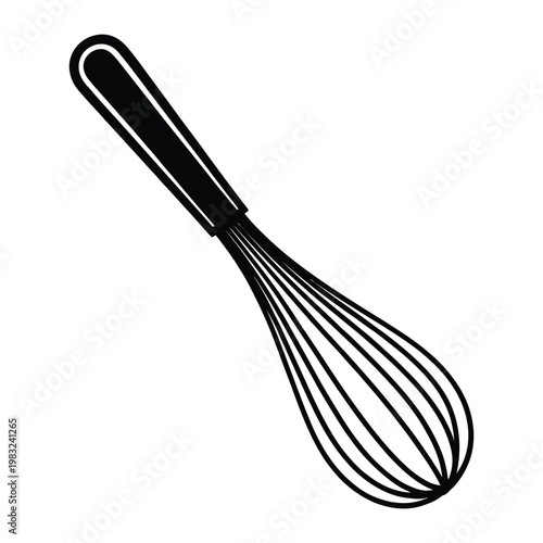 A simple black and white illustration of a kitchen whisk presented as a silhouette