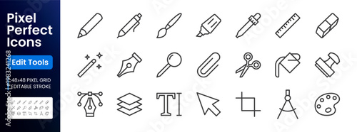 Graphic design, drawing tools line icons set. Pen, pencil, paintbrush, dropper, stamp, paint bucket minimal vector illustrations. Outline signs for web interface. 48x48 Pixel Perfect. Editable Stroke