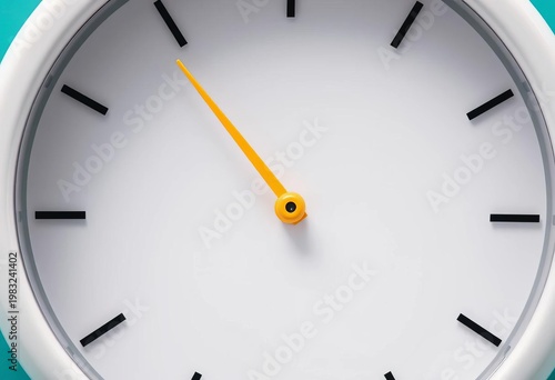 Close-up of a white plastic wall clock with a yellow second hand, set against a vibrant turquoise background, offering ample copy space,  wall mounted,  bright