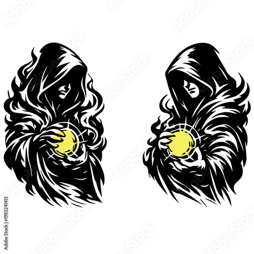 Hooded figure with glowing orb silhouettes