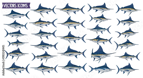 Marlin Fish Icons Set, Ocean Wildlife Vector Illustrations, Marine Life Collection