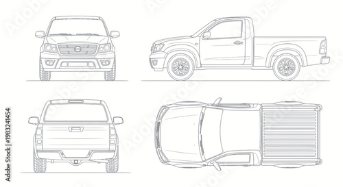 Pickup Truck Blueprint - Front, Side, Rear, Top Views