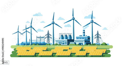 Renewable Energy Landscape: Wind Turbines and Solar Panels with Industrial Power Plant