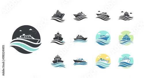 Set of Ship Icons, Cruise Ship and Boat Logos, Sea Waves and Transport Symbols