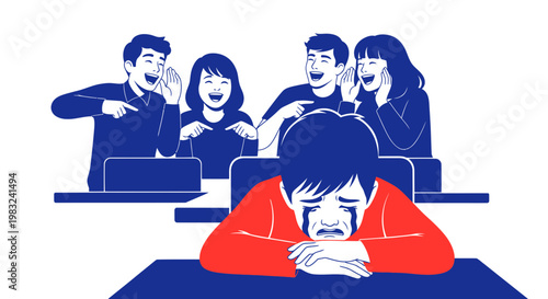 Sad child crying, bullied by classmates in classroom, social exclusion concept