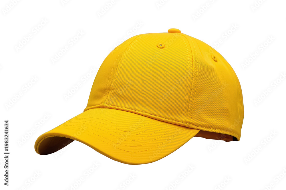 Fototapeta premium Yellow baseball cap with blank canvas for branding, design, and personalized headwear mock-up, transparent background