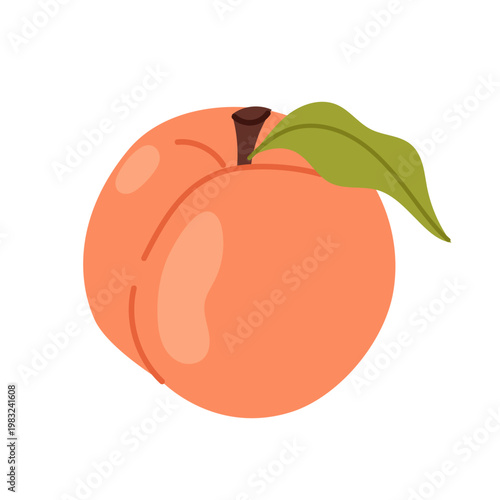 Ripe peach with green leaf in minimal style. For kids, food branding, packaging and organic product design.