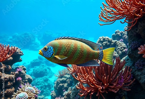 Colorful tropical fish with intricate patterns glides through a thriving coral reef in pristine ocean waters,  sea,  swimming