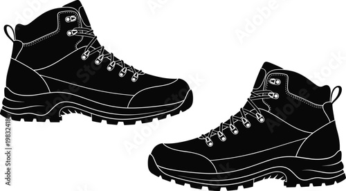 Rugged Outdoor Hiking Boots Silhouette Vector Illustration for Trekking Adventure Mountain Climbing Travel Sports Equipment and Active Lifestyle Footwear Design Element