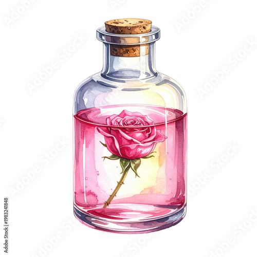 Watercolor illustration of a glass bottle with a pink rose floating inside pink liquid