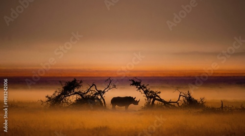 Solitary rhinoceros moving through dawn mist across a stark savanna horizon, cinematic refuge image evoking resilience, shrinking range, and the imperative to protect endangered giants now