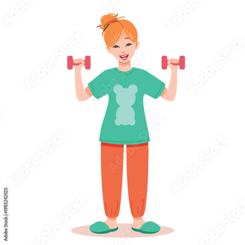 Young woman exercising with dumbbells home workout fitness concept