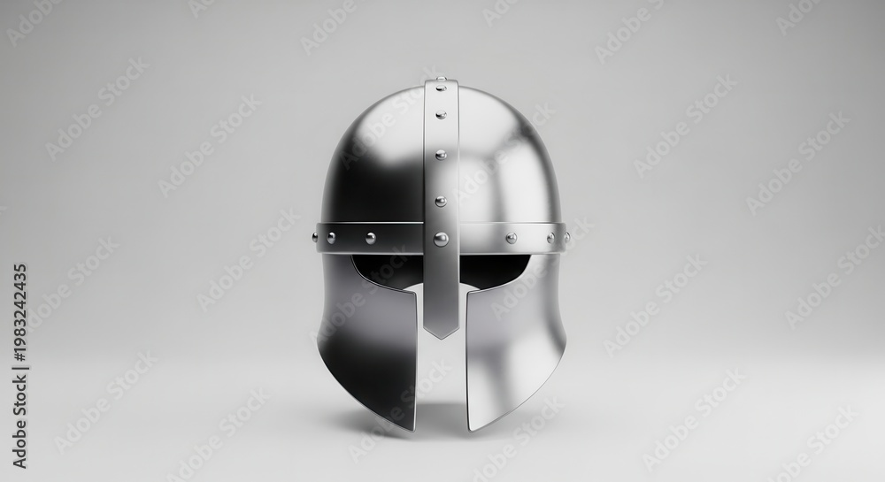 Obraz premium Gleaming medieval knight's helmet rendered in sleek silver on a neutral background for historical